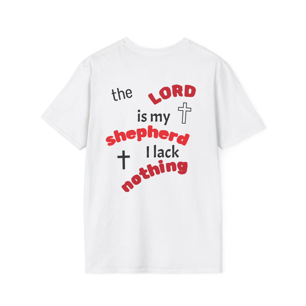 A white short-sleeve t-shirt with a humorous Christian-themed graphic on the front. The text reads 'the LORD is my shepherd I lack nothing' in black and red lettering, with black and white crosses.